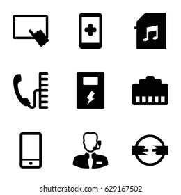 Phone icons set. set of 9 phone filled icons such as finger on tablet, phone, memory card with music, help support, battery