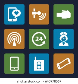 Phone icons set. set of 9 phone filled icons such as 24 support, nurse, intercom