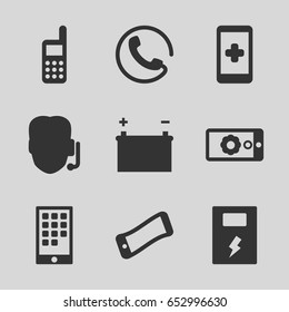 Phone icons set. set of 9 phone filled icons such as call, phone, gear on display, battery