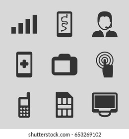 Phone icons set. set of 9 phone filled icons such as phone, touchscreen, display, support, camera display, sim card