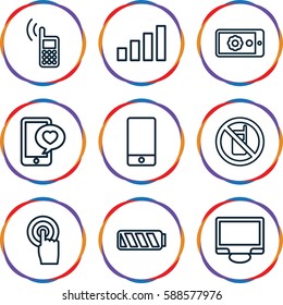 phone icons set. Set of 9 phone outline icons such as touchscreen, display, gear on display, battery