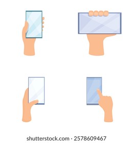 Phone icons set cartoon vector. Hand holding mobile phone. Modern technology