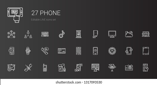phone icons set. Collection of phone with cloud computing, computer, communications, battery, cellphone, analytics, settings, smartphone, mail. Editable and scalable phone icons.
