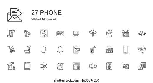 phone icons set. Collection of phone with wifi, bell, settings, card, networking, tablet, battery, office, navigation, smartphone, notification bell. Editable and scalable phone icons.
