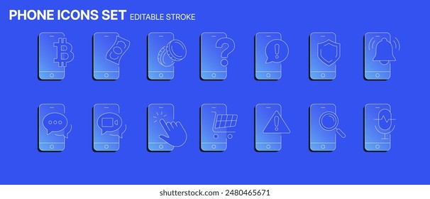 Phone Icons Set Editable Stroke. This set of phone icons is perfect for any project that needs to communicate the concept of communication or technology.