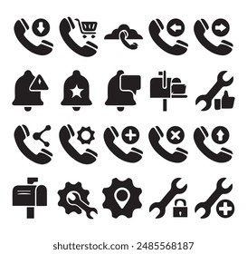 Phone icons set. icon bundle. call Customer service and support icon set. mobile, calling, contact, message, communication, call, cellular, vibrate, shopping cal and more. Vector illustration eps 10