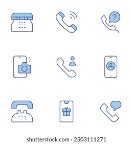 Phone icons set. Line Duotone style, editable stroke. phone call, phone contact, camera, phone, telephone, contact.