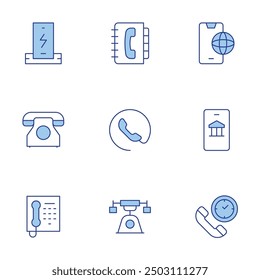 Phone icons set. Line Duotone style, editable stroke. phone book, telephone, old phone, internet, online banking, time, phone charger.