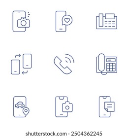 Phone icons set. Thin Line style, editable stroke. call, camera, love message, fax, landline, notes, phone, changing.