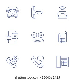 Telefonsymbole eingestellt. Stil der dünnen Linie, bearbeitbarer Strich. Telefon, Telefonanruf, Telefonchat, Anruf, Telefon.