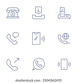 Telefonsymbole eingestellt. Stil der dünnen Linie, bearbeitbarer Strich. Telefon, Telefon, Telefon.