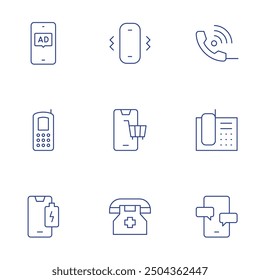 Phone icons set. Thin Line style, editable stroke. low battery, old phone, advertising, phone call, telephone, chat, phone, emergency number, shopping.