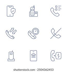 Phone icons set. Thin Line style, editable stroke. handphone, online banking, time, landline, phone call, phone survey, security, phone.