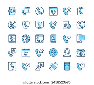 Telefonikonen-Set. Vektorliniensymbole. Blaufarbige Umrisssymbole. Moderne Konzepte