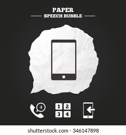 Phone icons. Smartphone incoming call sign. Call center support symbol. Cellphone keyboard symbol. Paper speech bubble with icon.