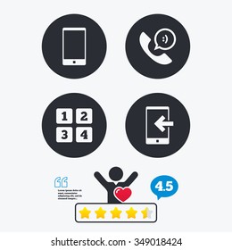 Phone icons. Smartphone incoming call sign. Call center support symbol. Cellphone keyboard symbol. Star vote ranking. Client like and think bubble. Quotes with message.