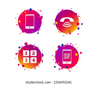 Phone icons. Smartphone with Qr code sign. Call center support symbol. Cellphone keyboard symbol. Gradient circle buttons with icons. Random dots design. Vector