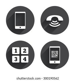 Phone icons. Smartphone with Qr code sign. Call center support symbol. Cellphone keyboard symbol. Circles buttons with long flat shadow. Vector