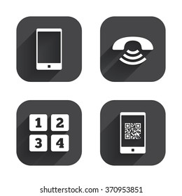 Phone icons. Smartphone with Qr code sign. Call center support symbol. Cellphone keyboard symbol. Square flat buttons with long shadow.