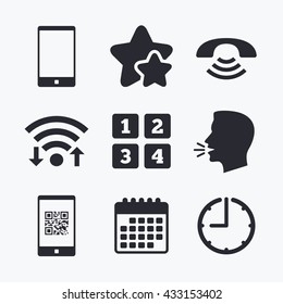Phone icons. Smartphone with Qr code sign. Call center support symbol. Cellphone keyboard symbol. Wifi internet, favorite stars, calendar and clock. Talking head. Vector
