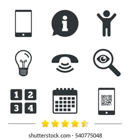 Phone icons. Smartphone with Qr code sign. Call center support symbol. Cellphone keyboard symbol. Information, light bulb and calendar icons. Investigate magnifier. Vector