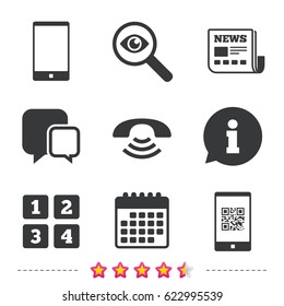 Phone icons. Smartphone with Qr code sign. Call center support symbol. Cellphone keyboard symbol. Newspaper, information and calendar icons. Investigate magnifier, chat symbol. Vector