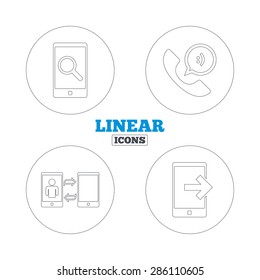 Phone icons. Smartphone with speech bubble sign. Call center support symbol. Synchronization symbol. Linear outline web icons. Vector