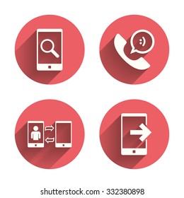 Phone icons. Smartphone with speech bubble sign. Call center support symbol. Synchronization symbol. Pink circles flat buttons with shadow. Vector