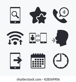 Phone icons. Smartphone with speech bubble sign. Call center support symbol. Synchronization symbol. Wifi internet, favorite stars, calendar and clock. Talking head. Vector