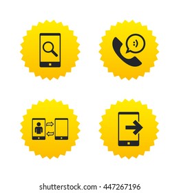 Phone icons. Smartphone with speech bubble sign. Call center support symbol. Synchronization symbol. Yellow stars labels with flat icons. Vector
