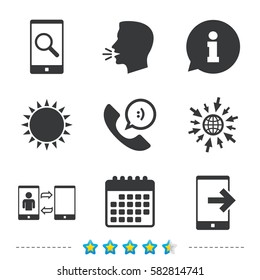 Phone icons. Smartphone with speech bubble sign. Call center support symbol. Synchronization symbol. Information, go to web and calendar icons. Sun and loud speak symbol. Vector