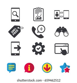 Phone icons. Smartphone with speech bubble sign. Call center support symbol. Synchronization symbol. Browser window, Report and Service signs. Binoculars, Information and Download icons. Vector