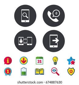 Phone icons. Smartphone with speech bubble sign. Call center support symbol. Synchronization symbol. Calendar, Information and Download signs. Stars, Award and Book icons. Vector