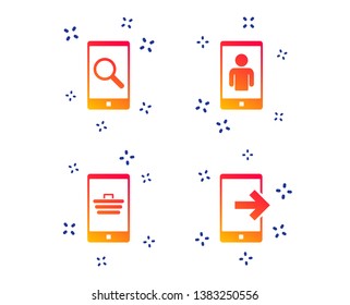 Phone icons. Smartphone video call sign. Search, online shopping symbols. Outcoming call. Random dynamic shapes. Gradient phone icon. Vector