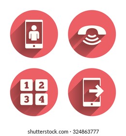 Phone icons. Smartphone video call sign. Call center support symbol. Cellphone keyboard symbol. Pink circles flat buttons with shadow. Vector