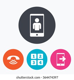 Phone icons. Smartphone video call sign. Call center support symbol. Cellphone keyboard symbol. Circle flat buttons with icon.