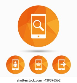 Phone icons. Smartphone video call sign. Search, online shopping symbols. Outcoming call. Triangular low poly buttons with shadow. Vector