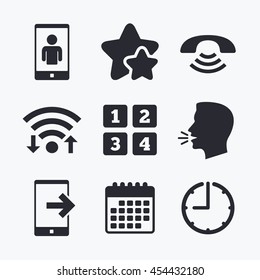 Phone icons. Smartphone video call sign. Call center support symbol. Cellphone keyboard symbol. Wifi internet, favorite stars, calendar and clock. Talking head. Vector