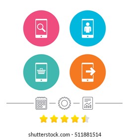Phone icons. Smartphone video call sign. Search, online shopping symbols. Outcoming call. Calendar, cogwheel and report linear icons. Star vote ranking. Vector