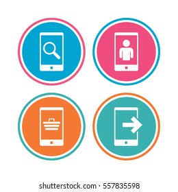 Phone icons. Smartphone video call sign. Search, online shopping symbols. Outcoming call. Colored circle buttons. Vector