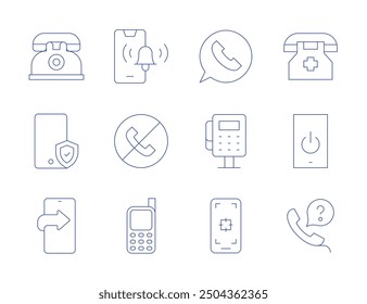 Iconos de teléfono. Estilo de línea delgada, trazo editable. sin llamada, móvil, devolución de llamada, campana de notificación, llamada, enfoque, público, móvil, teléfono, encendido, número de emergencia, teléfono.