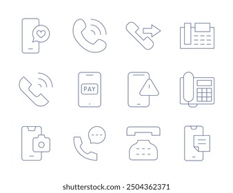 Phone icons. Thin Line style, editable stroke. call, camera, love message, pay, phone call, telephone, fax, landline, phone, notes.