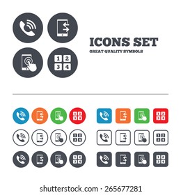 Phone icons. Touch screen smartphone sign. Call center support symbol. Cellphone keyboard symbol. Incoming and outcoming calls. Web buttons set. Circles and squares templates. Vector
