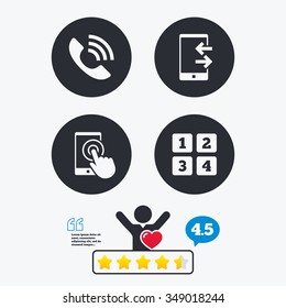 Phone icons. Touch screen smartphone sign. Call center support symbol. Cellphone keyboard symbol. Incoming and outcoming calls. Star vote ranking. Client like and think bubble. Quotes with message.