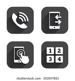 Phone icons. Touch screen smartphone sign. Call center support symbol. Cellphone keyboard symbol. Incoming and outcoming calls. Square flat buttons with long shadow.