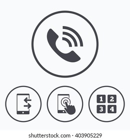 Phone icons. Touch screen smartphone sign. Call center support symbol. Cellphone keyboard symbol. Incoming and outcoming calls. Icons in circles.