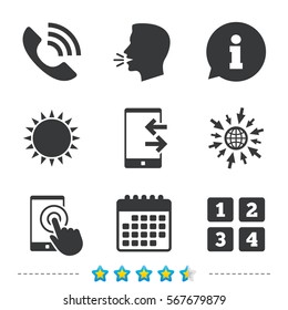 Phone icons. Touch screen smartphone sign. Call center support symbol. Cellphone keyboard symbol. Incoming and outcoming calls. Information, go to web and calendar icons. Sun and loud speak symbol