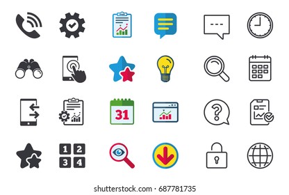 Phone icons. Touch screen smartphone sign. Call center support symbol. Cellphone keyboard symbol. Incoming and outcoming calls. Chat, Report and Calendar signs. Stars, Statistics and Download icons