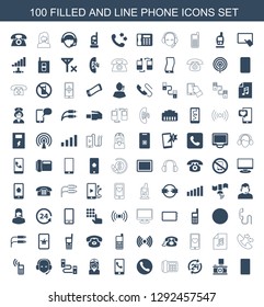 phone icons. Trendy 100 phone icons. Contain icons such as football on phone, camera, support, desk call, call, nurse, cable, memory card with music. icon for web and mobile.