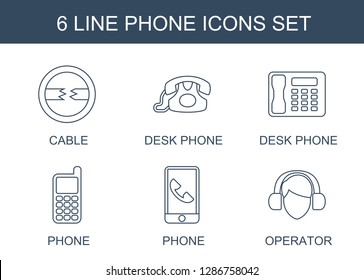 phone icons. Trendy 6 phone icons. Contain icons such as cable, desk phone, operator. icon for web and mobile.